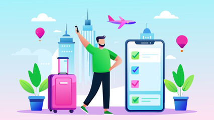 Digital Nomad’s Journey: A Man Traveling with Phone in Hand, Navigating the World with a Travel App - obrazy, fototapety, plakaty