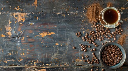 Coffee beans and coffee powder with hot coffee brewed on old wood. - obrazy, fototapety, plakaty