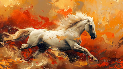 An abstract artistic background with vintage illustrations, horses, chinoiserie, golden brush strokes. Oil on canvas. Modern artwork for wallpapers, posters, cards, murals, prints, wall art, etc.