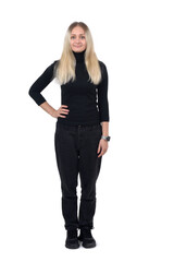 portrait of a blonde woman standing with arms akimbo on white background