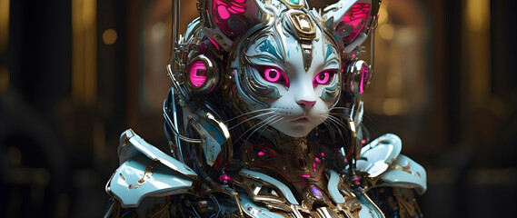 A whimsical robotic feline queen.