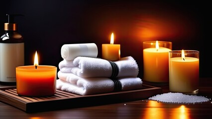 bath accessories, creams, soap, shampoo, towels, candles, relaxation, dark backgroun.