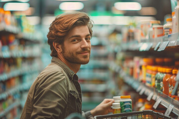 A handsome man in a health food store, selecting a jar of vitamins from a shopping cart.