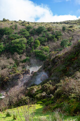 Surreal landscape of sulfur fumaroles at Terceira Island, Azores. Captivating natural wonders amid volcanic terrain.
