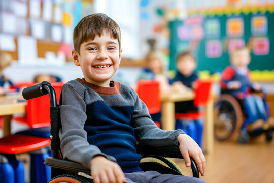 A boy in a wheelchair is smiling at the camera