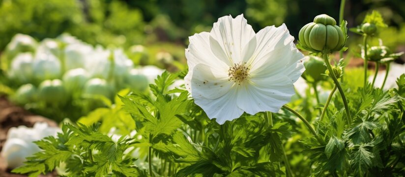 A white flower is blooming amidst a vibrant summer garden, surrounded by freshly harvested green leaves and black fruits. The delicate bloom adds a touch of elegance to the lush greenery.
