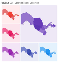 Uzbekistan map collection. Country shape with colored regions. Deep Purple, Red, Pink, Purple, Indigo, Blue color palettes. Border of Uzbekistan with provinces for your infographic.
