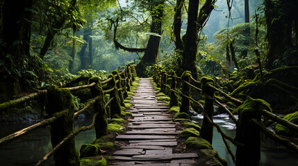 An inspirational bridge drowning in the greenery of a dense forest, like a bridge to the trea