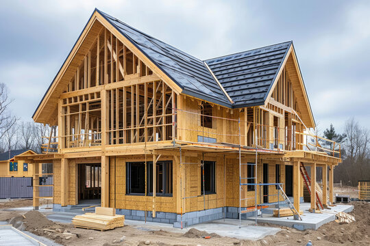 Construction of a modern wooden frame house