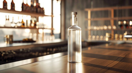 A bottle of artisanal vodka with a sleek appearance and simple label sticks out on a contemporary bar counter, its crystal-clear contents calling out to be tasted and captured in breathtaking high def