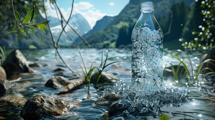  Nestled amidst a setting of tranquility, a bottle of Bear Brand water promises pure refreshment, its crystal-clear contents captured in breathtaking detail in this HD photograph - obrazy, fototapety, plakaty