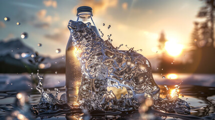 This high-definition picture captures the stunning clarity of a bottle of Bear Brand water, which is perfectly refreshing when placed in a peaceful environment - obrazy, fototapety, plakaty