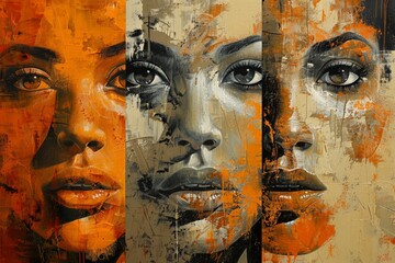 Abstract faces of women, with contrasting shades of earthy browns and fiery oranges, oil painting, 