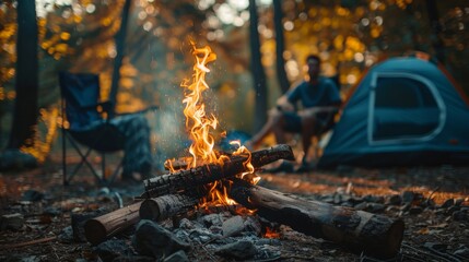 bonfire with burning firewood near chairs and camping tent in forest. mid-day sunlight  - obrazy, fototapety, plakaty