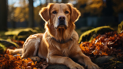 A golden labrador, looking at his master with a peaceful look, like a faithful friend and satell - obrazy, fototapety, plakaty