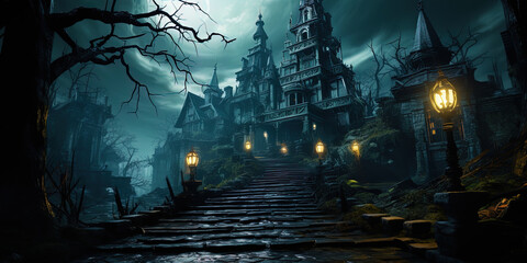 A ghostly mansion, with wide steps leading into a forest thicket, like a gate into a parallel - obrazy, fototapety, plakaty
