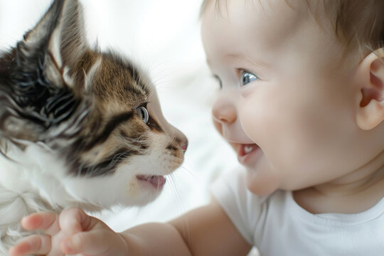 A baby is holding a cat and smiling