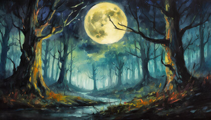 Oil painting of spooky forest with full moon on dark background. Dead trees. Wild nature. Hand drawn