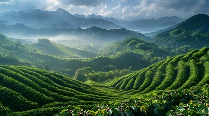 Misty Morning at Lush Coffee Plantation. Generative AI