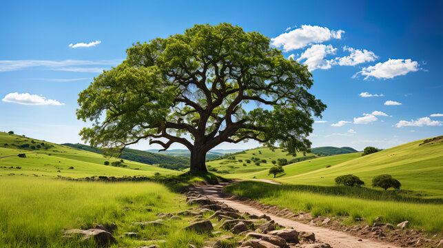 A magnificent oak tree, with a wide, spread crown, like a protector of a small world around h