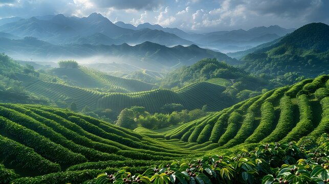 Misty Morning at Lush Coffee Plantation. Generative AI