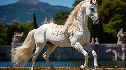 Obraz na płótnie Canvas A magnificent stallion, with strong, elegant legs, like a stone guar