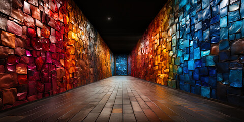 A motley wall made up of bricks of different colors and sizes, like a stained glass window that p - obrazy, fototapety, plakaty
