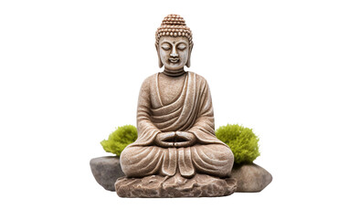 Mini Stone Buddha Statue for Serene Zen Garden Decor Isolated On Transparent Background PNG.