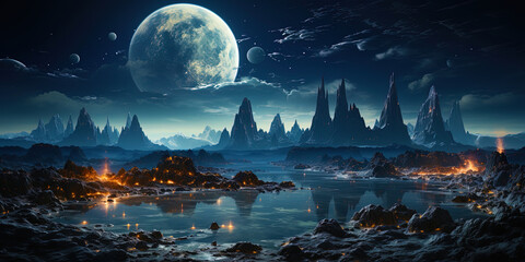 A planet with an unusual constellation and flying stone islands, like a world where dreams be