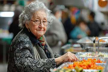 Senior woman in a soup kitchen for the elderly