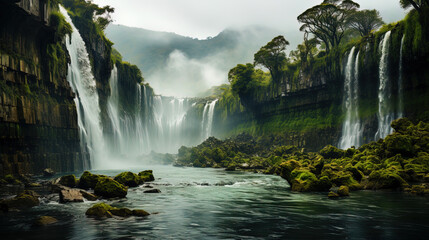 A stunning waterfall, shrouded in a light fog, like a goddess of nature, covering itself with a - obrazy, fototapety, plakaty
