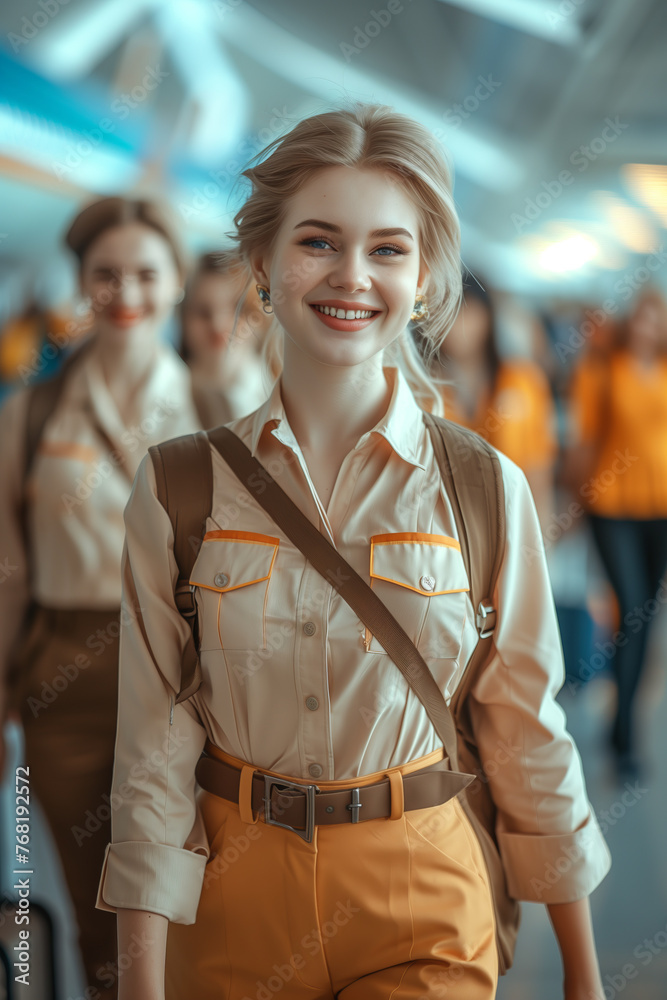 Wall mural Group of Caucasian female stewardesses in uniform dragging suitcases in the airport.