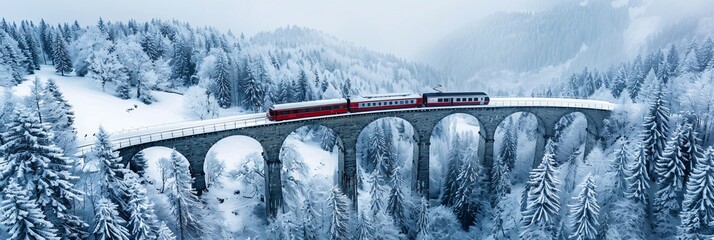 Majestic Journey Through the Swiss Alps  Aerial View of a Train Traversing the Landwasser Viaduct in Winter