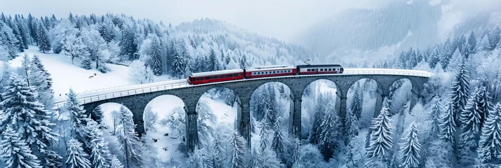 Wall murals Landwasser Viaduct Majestic Journey Through the Swiss Alps  Aerial View of a Train Traversing the Landwasser Viaduct in Winter