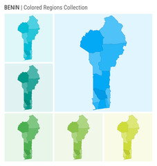 Benin map collection. Country shape with colored regions. Light Blue, Cyan, Teal, Green, Light Green, Lime color palettes. Border of Benin with provinces for your infographic. Vector illustration.