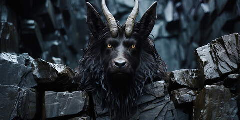 Black, insightful eyes of a mountain goat, like two black diamonds in the ro