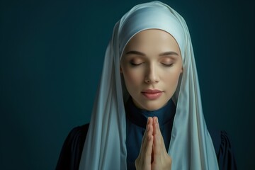 A young nun dressed in a blue dress is deep in prayer against a dark blue background.