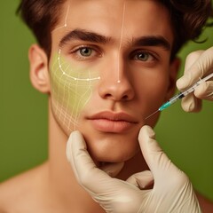 A young man is having a plastic surgery procedure on his face, receiving an injection while surrounded by green medical equipment. - obrazy, fototapety, plakaty