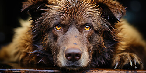 Charming, dark brown eyes of a bear, filled with care and tendernes - obrazy, fototapety, plakaty
