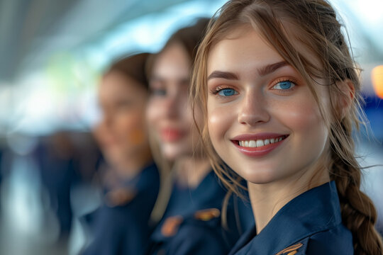 Group of Caucasian female stewardesses in uniform dragging suitcases in the airport.