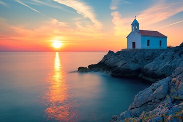 A small white church sits atop a cliff overlooking the ocean at sunset.