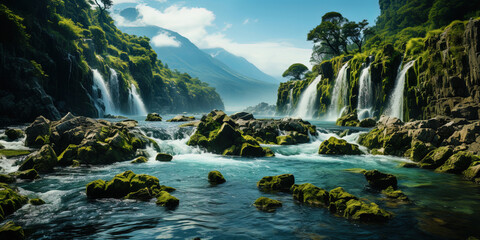 Emerald waterfall, silently falling from the rocky ledges of the mountain, like a precious neckla - obrazy, fototapety, plakaty