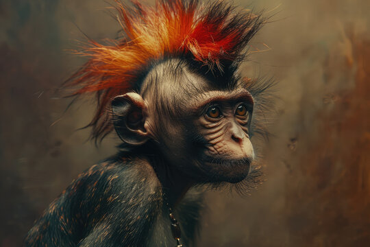Funny monkey with a colored punk mohawk