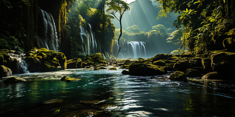 Fascinating jungle with numerous waterfalls and streams, like a fabulous world of water mirac