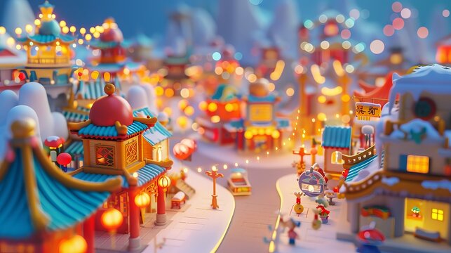 A charming miniature rendition of a Spring Festival Town, depicted in an isometric view with adorable clay models. The scene features delightful clay stop-motion animation, showcasing Chinese New Year