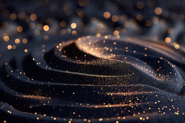 Detailed view of a black surface covered in shimmering gold glitter. - obrazy, fototapety, plakaty