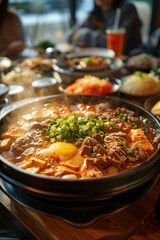 A group of Asian men and women are eating sukiyaki in a restaurant.