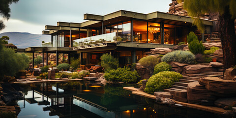 Fototapeta premium Gloomy house, among the green trees, like an oasis in an endless des