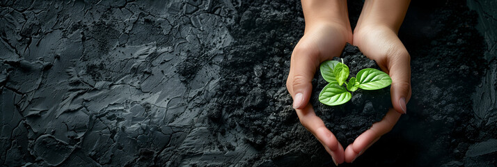 A woman's hand holds a young green plant preparing to plant on the ground, for the concept of world environment day.
