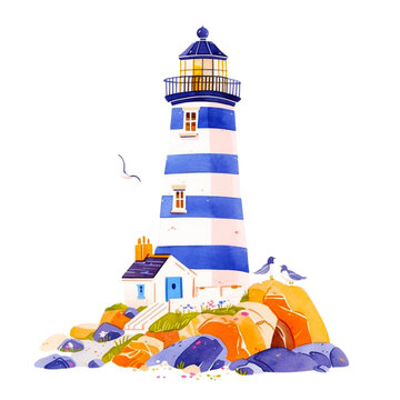 Watercolor lighthouse illustration PNG.